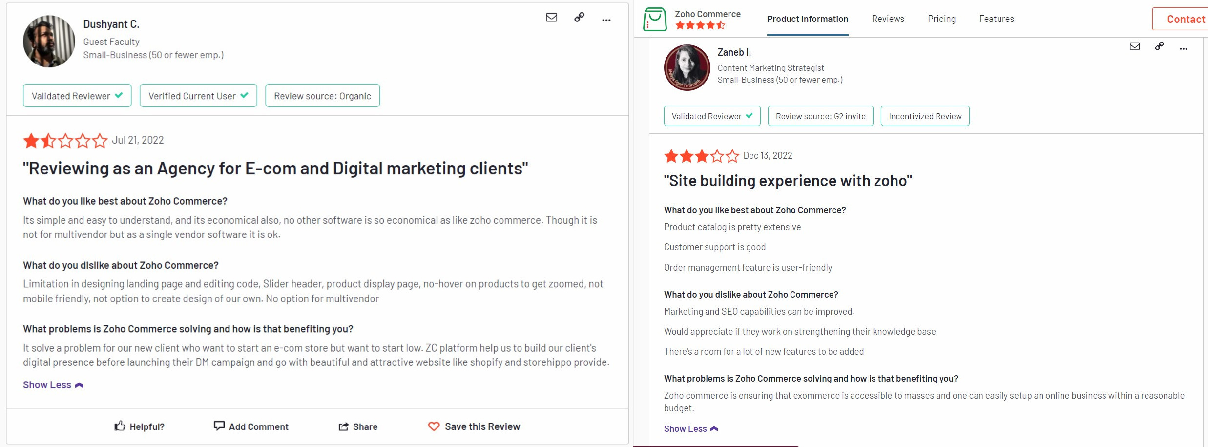 Customer reviews on Zoho commerce
